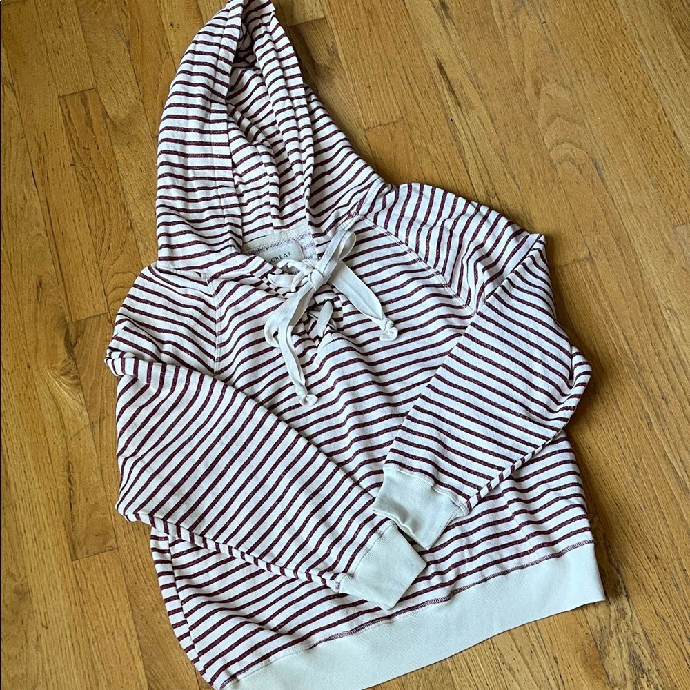 THE GREAT. Cream and Burgundy Striped Hoodie Top